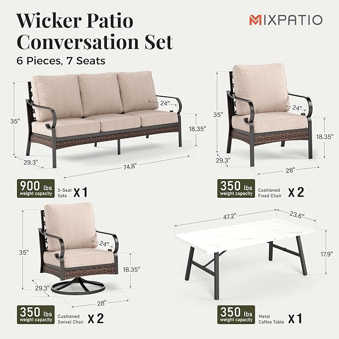 Patio Furniture Set with Coffee Table, Outdoor Conversation Set with 2 x Fixed Chairs, 2 x Swivel Chairs, 1 x 3-Seat Sofa for Lawn Garden Backyard, Beige