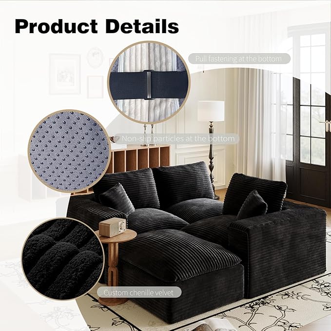 Ball & Cast 108" Cloud Sectional Couches for Living Room,Convertible L Shaped Couch with Deap Seat & Movable Ottoman,3 Seater Modular Sectional Sofa,Free Combination,No Assembly Required,Black