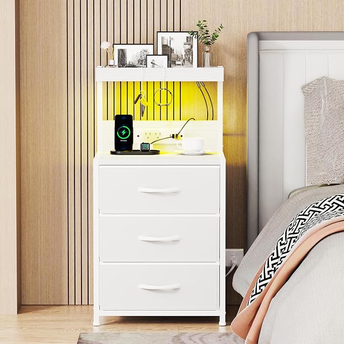 Night Stand with Charging Station Set of 2, LED Nightstand Bedside Table with USB Ports and Outlets, 3 Fabric Drawer End Side Table Night Stand Set 2 for Bedroom with Storage Shelf and 2 Hooks, White - Image 2