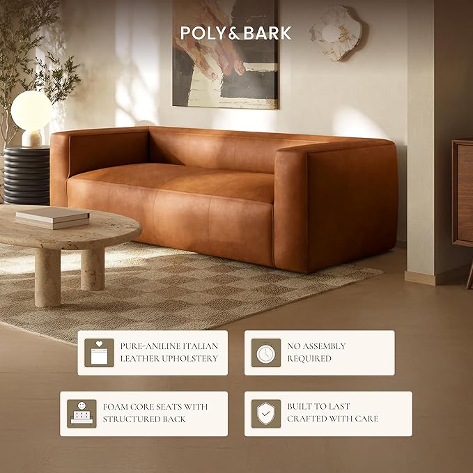 Poly & BARK Piazza 95” Leather Sofa in Saddle Tan – Full‑Grain Pure‑Aniline Italian Leather, Low Profile Frame, Raw Seam Detailing, Soft Tufted Cushions – Rustic Modern Centerpiece for Living Spaces