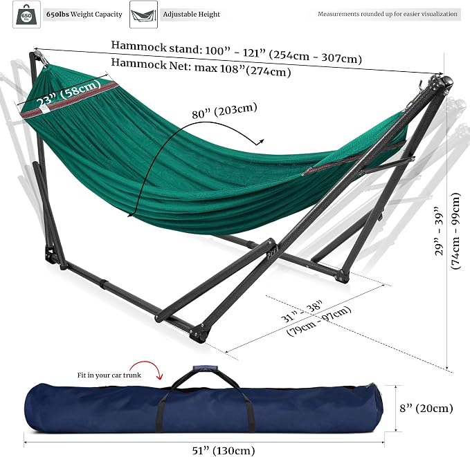 Tranquillo Double Hammock with Stand Included for 2 Persons/Foldable Hammock Stand 600 lbs Capacity Portable Case - Inhouse, Outdoor, Camping, Peacock - Image 6