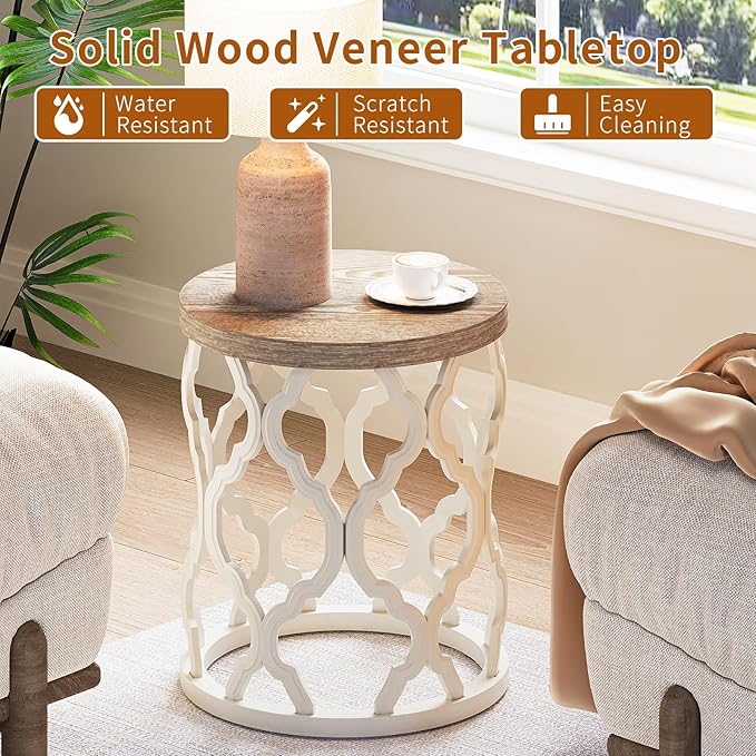 karlott Farmhouse End Table, 18.5'' French Country Round Side Table, Distressed Top Side Table with Curved Motif Frame Base for Boho, End Tables Living Room, Bedroom, Small Space, Easy Assembly