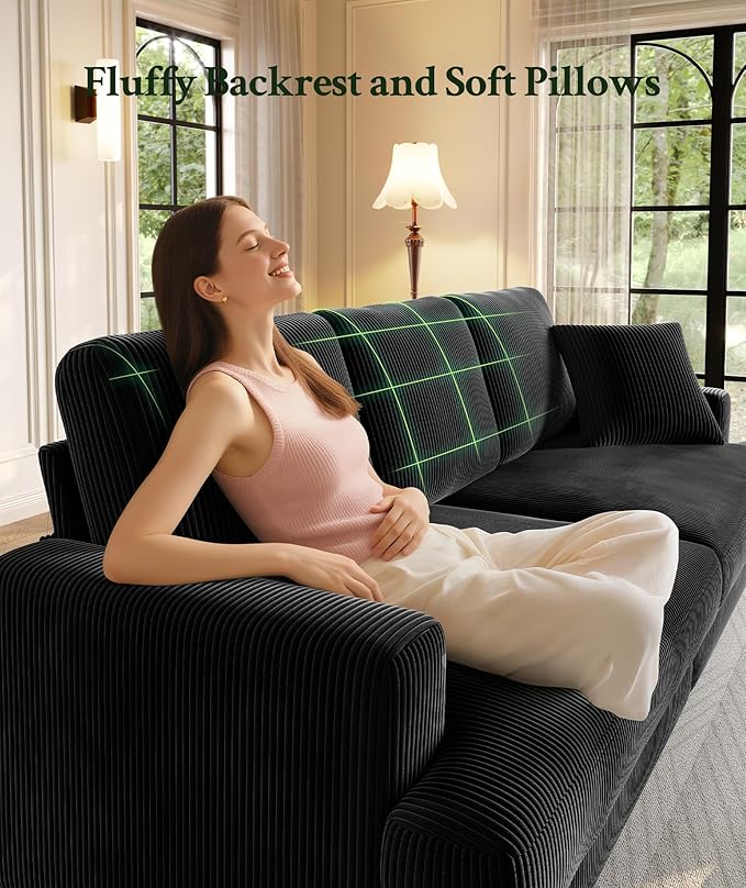 87.2" Couches for Living Room, Comfy Black Couch 7.5" Extra Thick Cushion, Sofas for Living Room Tool-Free Setup, Loveseat Sofa 848lbs Support, Corduroy Couch for Bedroom, Apartment, Office
