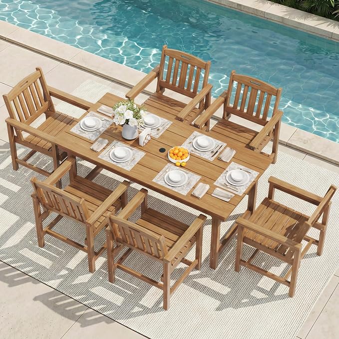 Mdeam 7-Piece HIPS Outdoor Dining Set, 66.9" Wood Texture Patio Table with Umbrella Hole, 440LBS Capacity, 6 Wider Chairs, Dining Table Set for 6, Outdoor Furniture with Galvanized Steel Frame, Teak by MDEAM