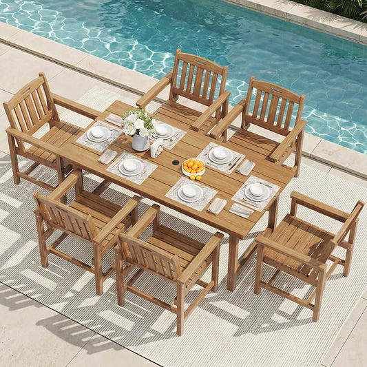 Mdeam 7-Piece HIPS Outdoor Dining Set, 66.9" Wood Texture Patio Table with Umbrella Hole, 440LBS Capacity, 6 Wider Chairs, Dining Table Set for 6, Outdoor Furniture with Galvanized Steel Frame, Teak by MDEAM