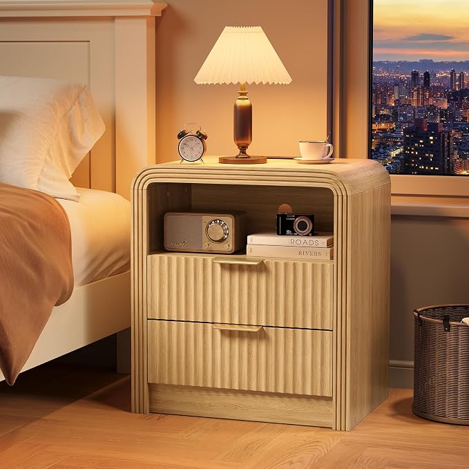 Decofy Fluted Nightstand with Charging Station, 19.7'' Wide Morden End Table with USB/Type-C Ports, 2 Drawers & Open Shelf, Curved Profile Design, Wood Bedside Table for Bedroom (Natural Oak) - Image 7