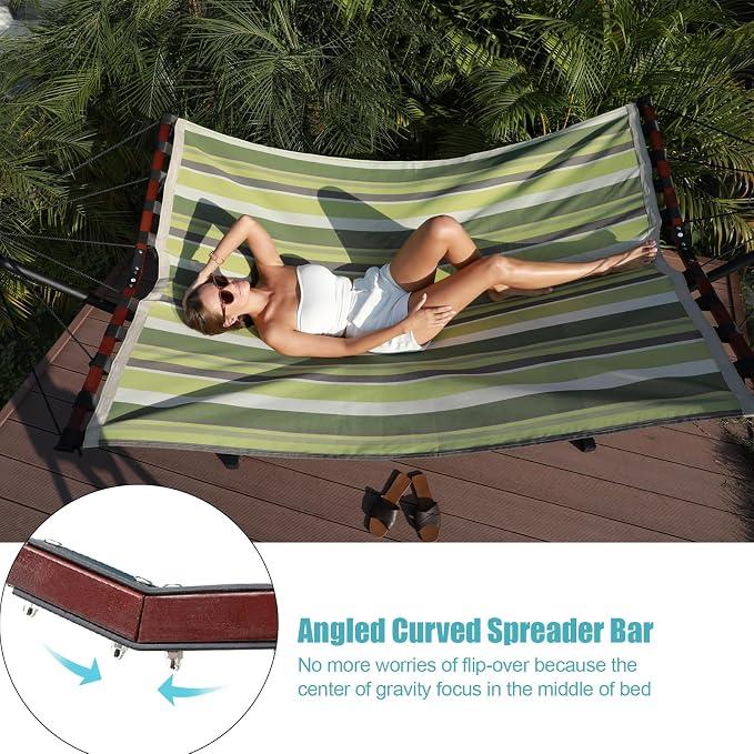 TegerDeger 12FT 2 Person Hammock Large Hammock Quick Dry 450LB Capacity with V Shaped Hardwood Spreader Bar & Nylon Rope for Outside, Patio, Garden, Backyard, Beach, Poolside - Tender Green Stripes - Image 3