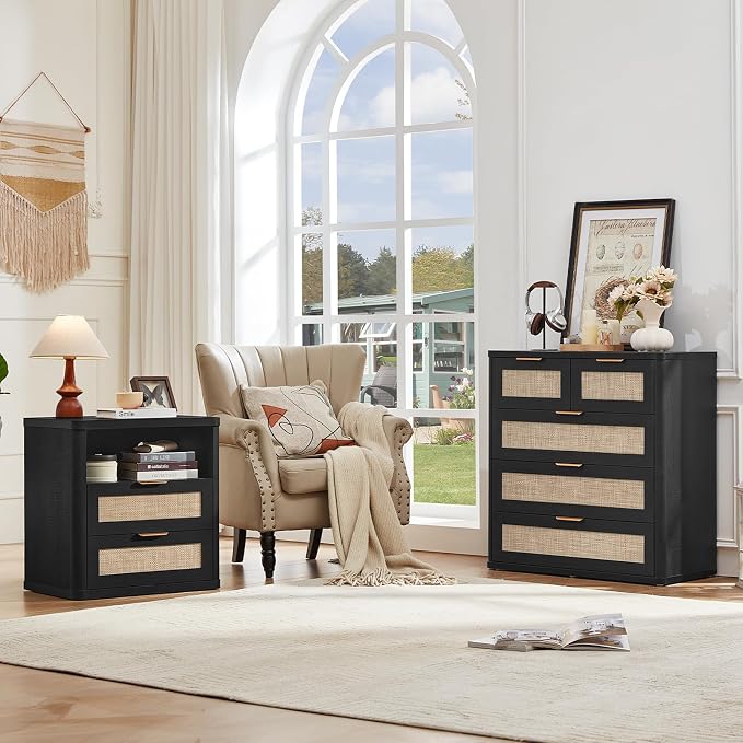 LEYAOYAO Rattan Dresser for Bedroom Set of 2, 33.5" Tall Chest of Drawers, Modern 5 Drawers Boho Dressers with Storage, Light Oak Dresser Wooden Closet Organizer for Living Room, Hallway, Black - Image 4