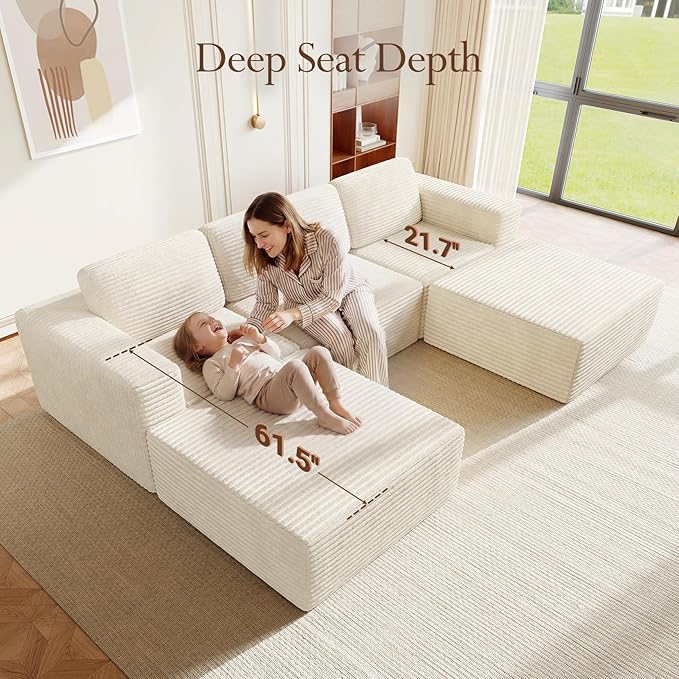 Vesgantti 119" Oversized U-Shaped Modular Sectional Sofa, Corduroy Cloud Couch with Deep Seating & Spring Support, Convertible Sofa with 2 Ottomans, Boneless Couch, No Assembly Required, Beige