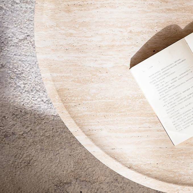 Round Coffee Table in Faux Marble, 31.5" W × 12" H Stone Coffee Tables for Living Room, Modern Drum Center MDF Vintage Design Low, Office, Apartment No Assembly Required Beige Mars