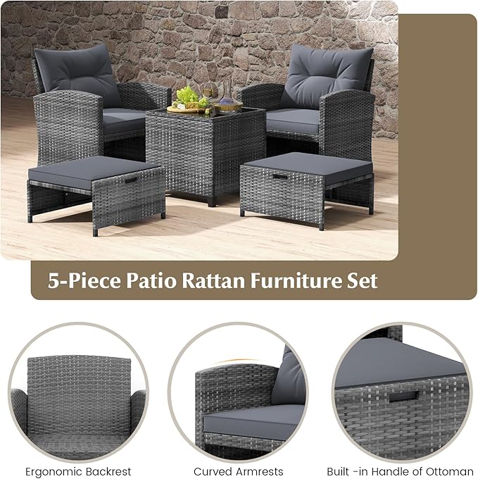 Tangkula 5 Pieces Patio Conversation Set, PE Wicker Rattan Outdoor Furniture Set with 2 Chairs, 2 Ottomans & Tempered Glass Coffee Table, Ideal for Poolside, Backyard, Lawn, Deck, Grey