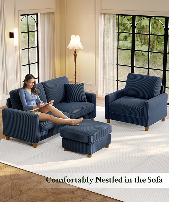 25.2" Couches for Living Room, Comfy Blue Ottoman with Storage, Foot Rest Tool-Free Setup, Small Ottoman Foot Rest for Couch, Corduroy Couch for Bedroom, Apartment, Office
