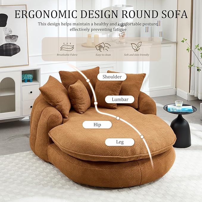 KEIKI 71" Chenille Round Boneless Sofa Couch, Oversized Chaise Lounge Chair Couches Indoor, No Assembly Required Floor Lazy Bean Bag, Modern Sleeper Sofa Bed for Living Guest Room & Bedroom, Brown