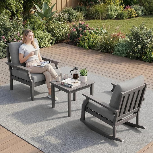 HDPE Patio Conversation Set, 3-Piece All Weather Outdoor Furniture Set with 1 Single Sofa，1 Rocking Sofa for Deck, Lawn, with Cushion, Gray