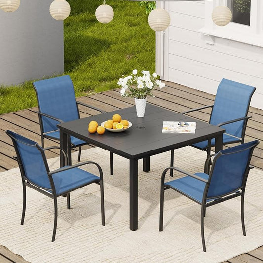 VICLLAX 5 Pieces Patio Dining Set, Patio Furniture Set of 4 Patio Stackable Dining Chairs and Outdoor Metal Square Table with Umbrella Hole for Backyard Lawn Garden, Blue Chairs and Black Table by HOME