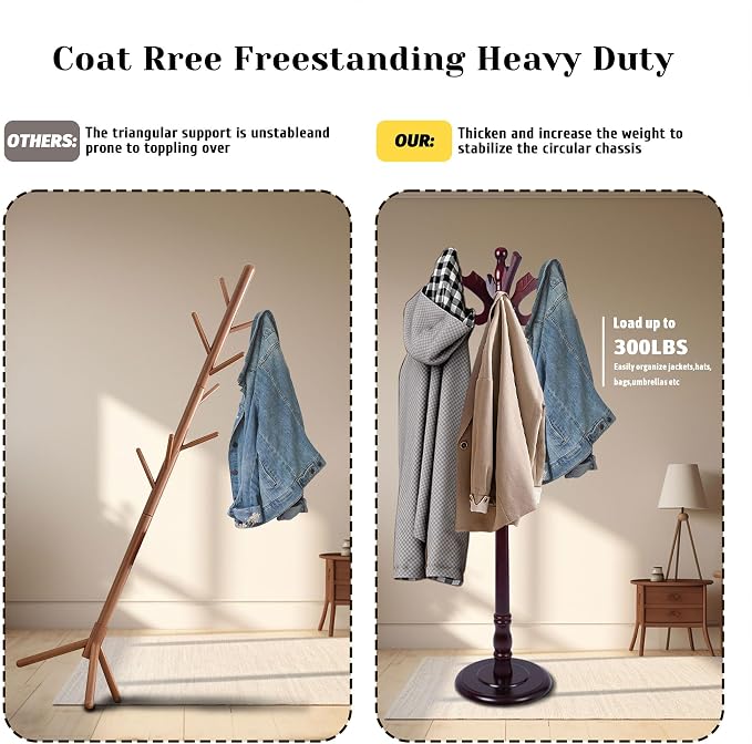 Wooden Coat Rack Freestanding with 11 Hooks Bird Style, 71'' Vintage Coat Racks Tree, Adjustable Height, Coat Hanger Stand with Sturdy Base, Coat Tree Hats Hanger for Living Room, Bedroom, Entryway - Image 5