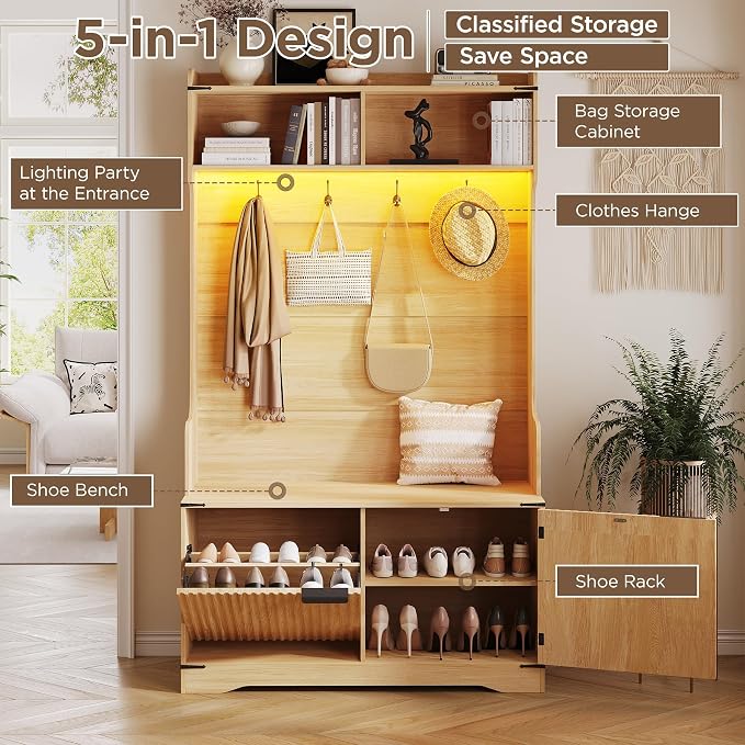 Maupvit Farmhouse Hall Tree with Bench and Shoe Storage, 4 Coat Rack with Shoe Storage Cabinet, 5-in-1 Entryway Organizer with Led Lights, Adjustable Shelves & Flip Drawers, Mudroom Seat Stool, Oak - Image 5