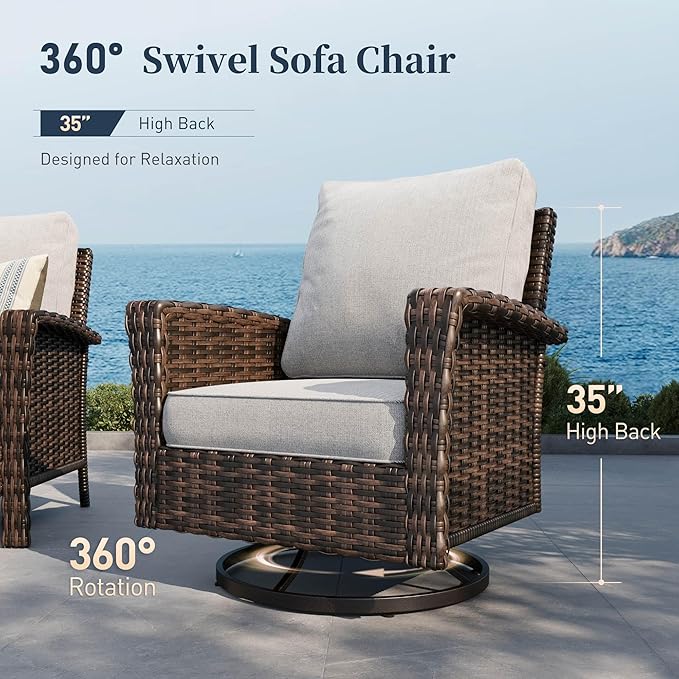 Patio Furniture Set with Swivel Chairs, High Back Wicker Rattan Set with 5.5" Thick Cushions, Fire Pit Table and Ottomans, All Weather Outdoor Conversation Set for Backyard Deck,9 Seats, Light Grey