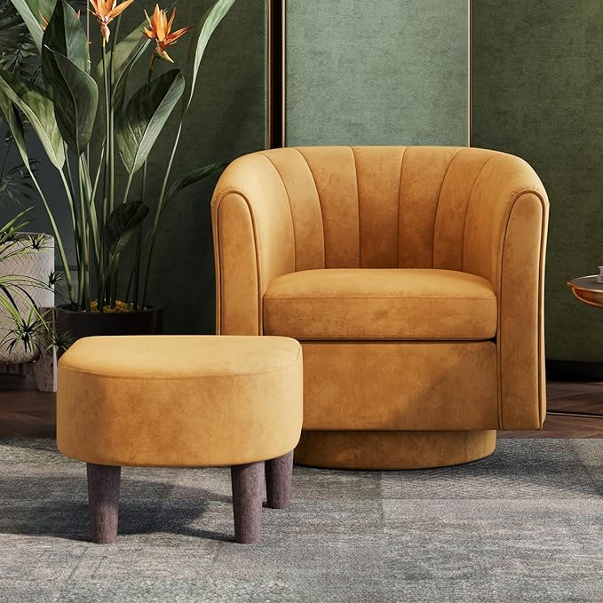 LINSY Swivel Accent Chair with Ottoman: Small Velvet Barrel Chair 360 Swivel Modern Armchair, Upholstered Reading Chair with Footrest for Living Room Bedroom Study Room (Yellow)