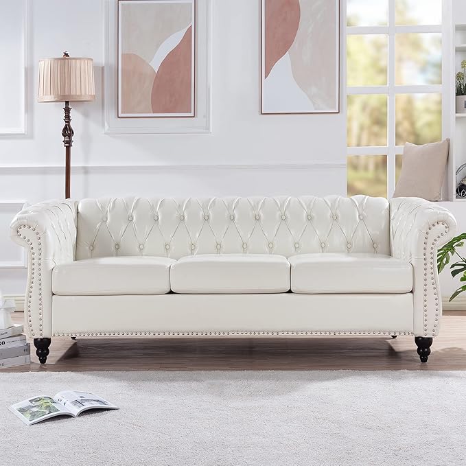 ERYE 84.5-Inch Classic 3 Seat Chesterfield Sofa Couches for Living Room Bedroom, 3 Seaters Button Tufted Faux Leather Upholstered Chesterfield Sofa Couch,Wood Legs | Button Tufted, Easy to Assemble, Nailhead, Removable Cushion