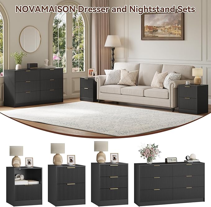 6 Drawer Dresser & Nightstand Set 3-Piece, 55” Wide Bedroom Dresser and Night Stand Set of 2 with Metal Handle, Fluted Modern Wood Chest of Drawers Storage Dressers Set for Bedroom, Black