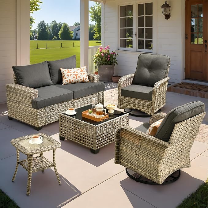 ovios 6 Piece Patio Sectional Furniture with Swivel Rocking Chairs, Rattan Wicker Coversation Set with Glowing Coffee Table, Outdoor Sofa Set for Outside Porch Balcony Backyard Pool, Black