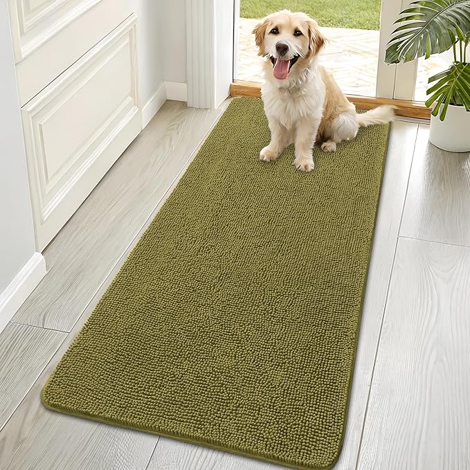 OLANLY Dog Door Mat for Muddy Paws 70x35, Absorbs Moisture and Dirt, Absorbent Non-Slip Washable Doormat, Quick Dry Chenille Mud Mat, Entry Indoor Entryway Carpet for Inside Floor, Willow Green by OLANLY