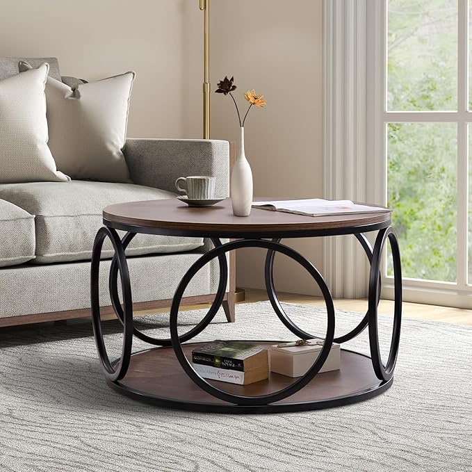 BECHAEO 31.5" Round Coffee Table with Storage - 2 Tier Vintage Coffee Table for Living Room, Industrial Design Wood Top & Metal Legs, Modern Accent Cocktail Tables for Home Office