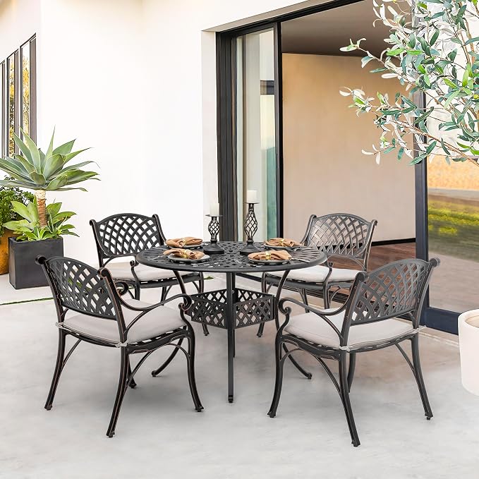 NUU GARDEN 5 Piece Outdoor Patio Dining Set with Beige Cushions, Cast Aluminum Round Dining Table with Umbrella Hole and Patio Dining Chairs for Garden, Balcony, Black with Bronze Edge - Image 9
