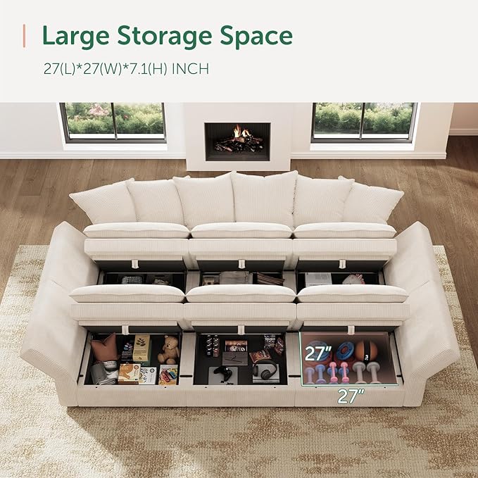 HONBAY Modular Sectional Sleeper Sofa, Corduroy 6 Seater Couch with Storage, Sectional Sleeper Couches for Living Room, Beige