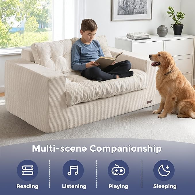 MAXYOYO Loveseat Sofa Couch, Upholstered Bean Bag Chair Cloud 2-Seat for Adults, Boneless Couch with Tufted Cushion & Pillows, Sofa in A Box, No Assembly Required, Beige