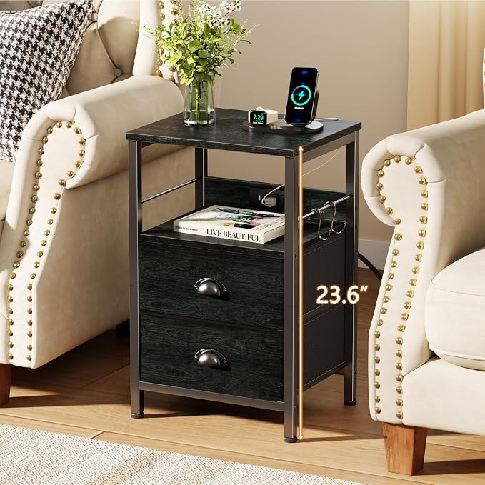 Furologee Nightstand Set of 2, Black Oak, with Charging Station and USB Ports, Side Tables with 2 Fabric Drawers, Bedside Tables with Storage Shelf & Hooks, for Living Room/Bedroom - Image 2