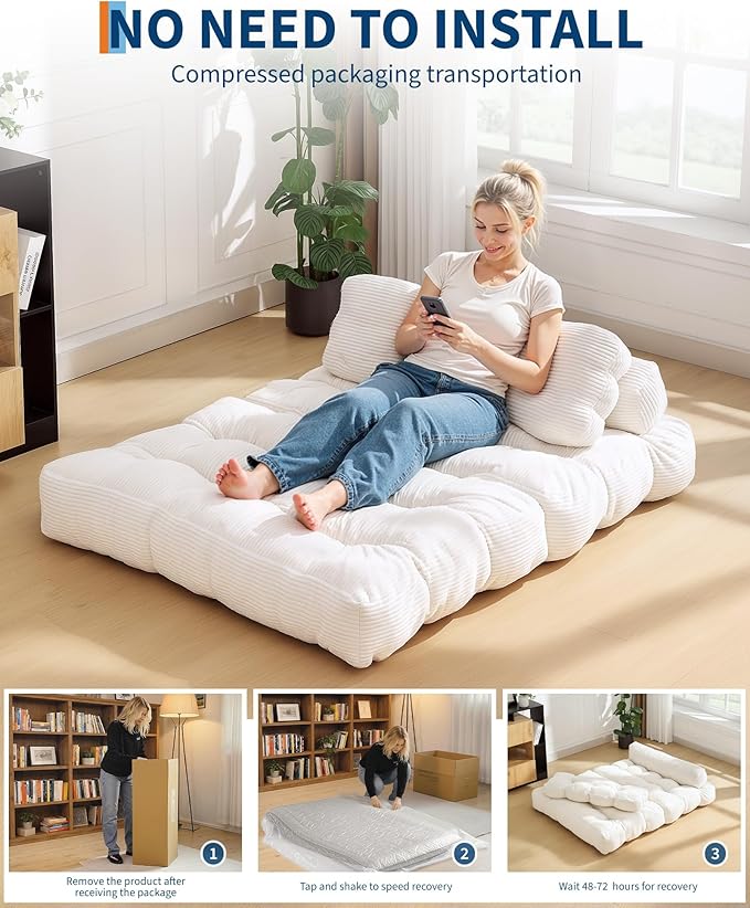 Folding Sofa Bed with Back Support, Convertible Sleeper Chair with Pilow Foldable Matress, Portable Fold Out Chair Bed Comfy Floor Sofa Lounge for Living Room Bedroom, Beige, Double