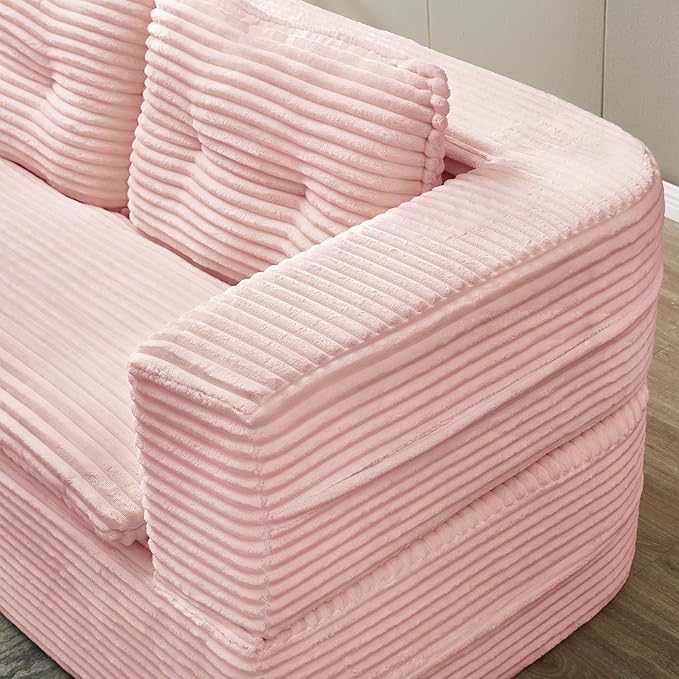 80" Convertible Sectional Sofa Bed, 3-in-1 Folding Floor Couch with Convertible Chaise Lounge, Plush Corduroy Sleeper Sofa for Living Room and Bedroom, No Assembly Required (Pink)