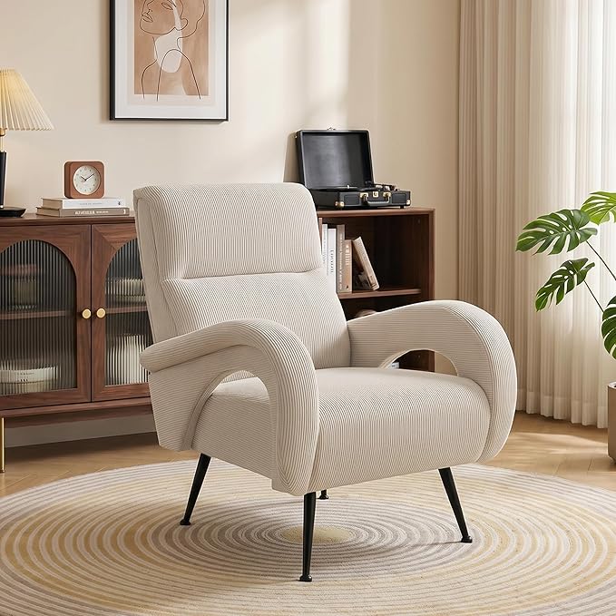 Corduroy Living Room Accent Chairs, Comfy High Back Reading Chair with Curved Arms and Solid Legs, Upholstered Armchair for Bedroom, Reading Nook, Apartment, Beige