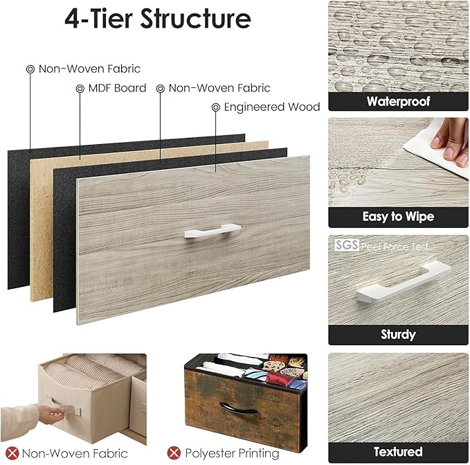 Memobarco Nightstand, End Table, Bedside Table, Tall Fabric Dresser with 3 Drawer, White Drawers Small Chests of Drawers Organizer Storage Tower with Steel Frame, Wooden Top & Front for Bedroom - Image 6