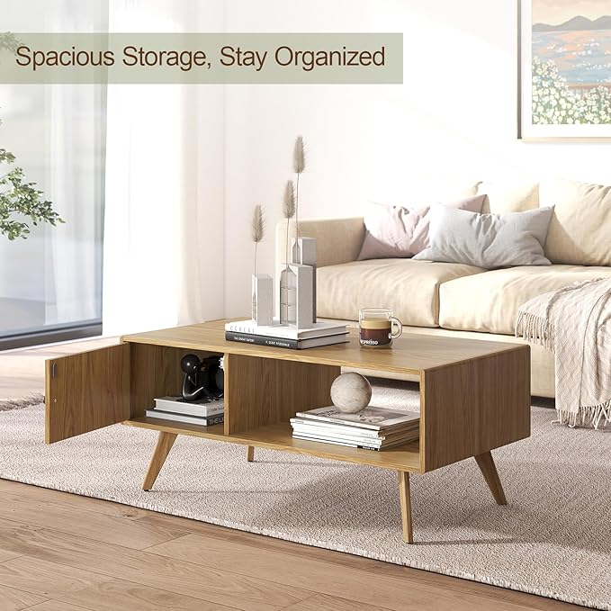 Manora Mid Century Modern Coffee Table with Storage Cabinet and Open Shelf, Wooden Living Room Table with Fluted Drawer and Solid Wood Legs, Oak Finish Center Table for Small Spaces