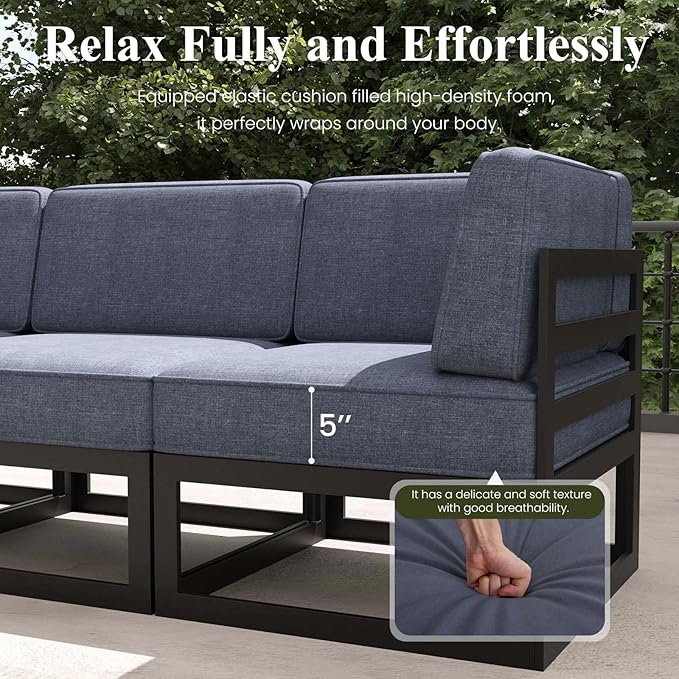 LayinSun Large Aluminum Patio Furniture Set with Fire Pit Table, 9 Pieces Modern Outdoor Conversation Set Sectional Metal Sofa Set with Olefin Cushion