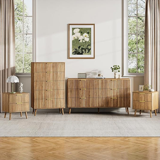 LYNSOM Fluted Dresser and Nightstand Sets 4 Piece, 2-Drawer Nightstands and 5/6 Drawers Dresser, Wood Bedroom Furniture Set for Home, Bedroom, Hallway, Walnut