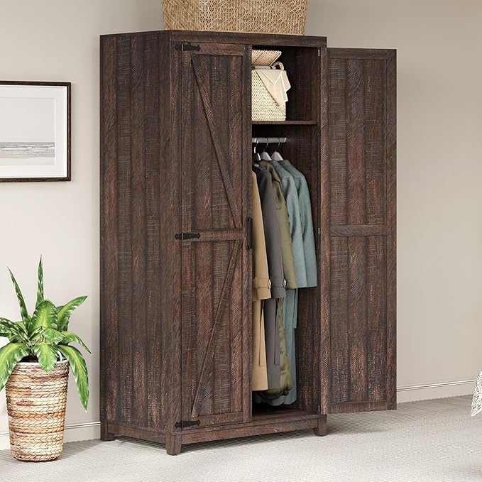 LUXOAK 70" Large Armoire Wardrobe Closet with Hanging Rod, Farmhouse Clothing Storage Cabinet with 2 Barn Doors, Wooden Tall Bedroom Armoires with Shelf, Espresso