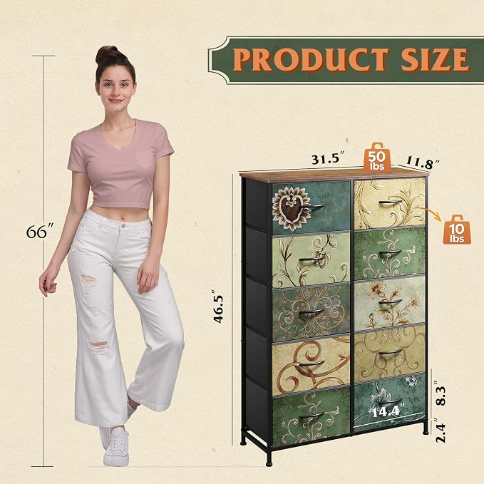 WLIVE Tall Dresser for Bedroom with 10 Drawers, Chest of Drawers, Fabric Dresser for Closet, Hallway, Living Room, Entryway, Floral Painted - Image 3