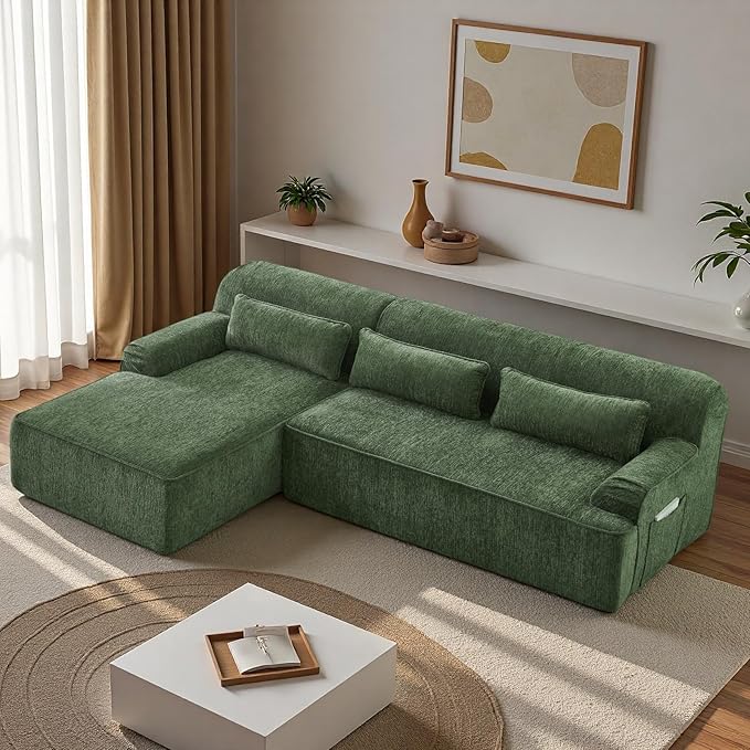 L-Shaped Sectional Sofa, Luxury Upholstered Chenille 3-Seater Sofa with Left Chaise Lounge & 3 Lumbar Pillows, Modern Comfy Oversized Couch with Side Pocket for Living Room, Apartment, Green