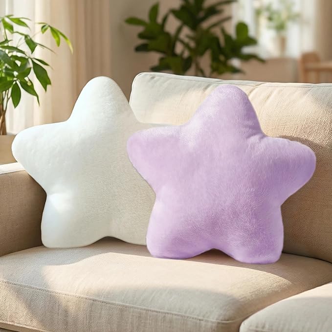 2PCS Star Pillow Set, 15.35’’ Cute Purple White Decorative Star Shaped Throw Pillows for Bed Couch, Aesthetic Soft Faux Plush Pillow Cushion for Room Bedroom Decor Sofa Chair (Purple&White)