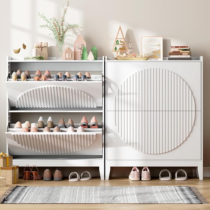 Vlsrka Shoe Cabinet Storage for Entryway with 2 Flip Drawers, Narrow Wooden Shoe Cabinet, Outdoor Hidden Shoe Storage for Entryway, Garage, Foyer, Hallway, Living Room - Image 8