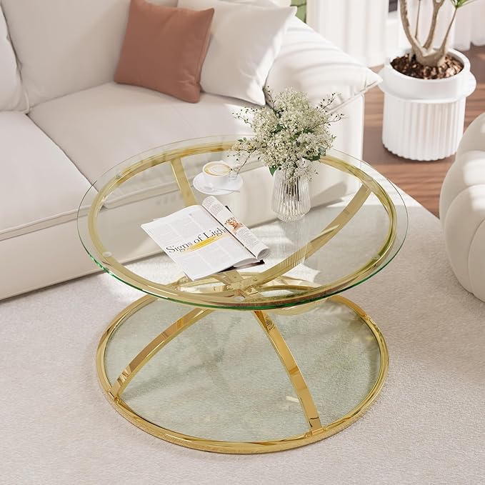 32" Tempered Glass Round Coffee Table Modern Gold Frame Dome Base Two Tiers Circle Living Room Center Tables