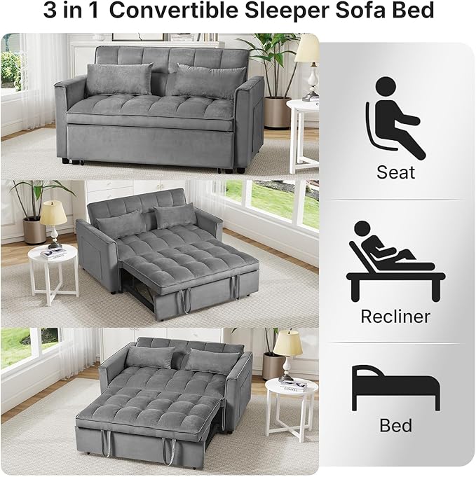 Rovibek 3 in 1 Sleeper Sofa Bed, 53'' Pull Out Couch Convertible Futon Loveseat with Adjustable Backrest, Velvet Sleeper Chaise Lounge Futon for Apartment Office Small Space, Dark Grey