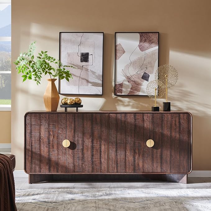 IFGET 70" Modern TV Stand for TVs Up to 80 inches, 30" Tall Entertainment Center with Storage and Adjustable Shelves, TV Console with Curved Profile Design, Media Console for Living Room, Brown - Image 3