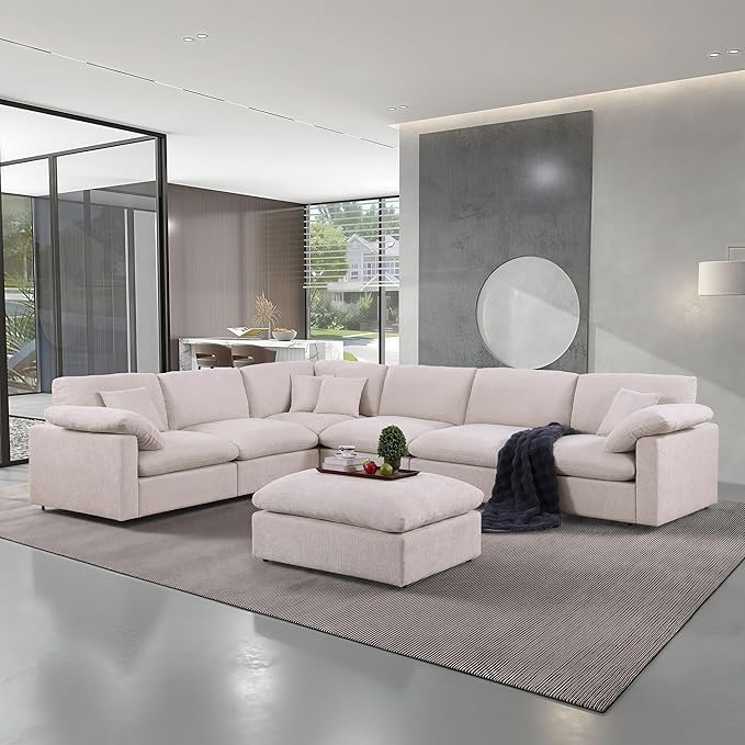 144-Inch Oversized L-Shaped Corner Sectional Cloud Sofa,Modern 7 Seat Modular Cloud Sofa Luxury Convertible Couch with 6 Pillows and Movable Ottoman for Living Room