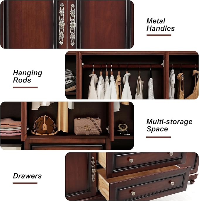 Solid Wood Cherry Red Armoire Wardrobe Closet: 4 Door Solid Wood Wardrobe Cabinet with 2 Drawers, Armoire Closet with Hanging Rods Storing Clothes for Bedroom