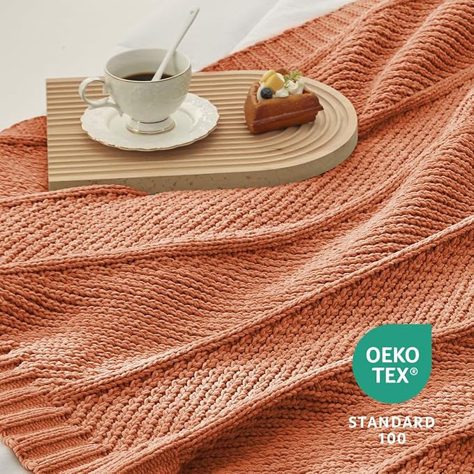 Amélie Home Knit Throw Blanket, Soft Chenille Cozy Breathable Chevron Chunky Decorative Blanket for Couch, Bed & Sofa, French-Inspired Lightweight Warm Gift for Women, Orange, 50"x60"